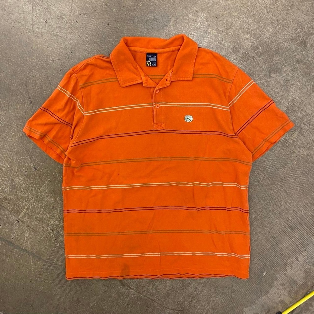 Vintage Nautica Orange Striped Polo T-Shirt Size XL